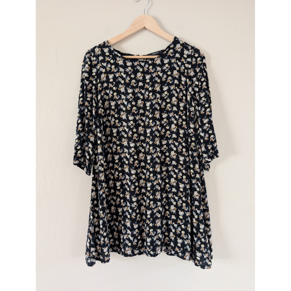 Forever 21 Black Floral Ditsy Print Y2K Tunic Dress Keyhole Quarter Sleeve‎ M